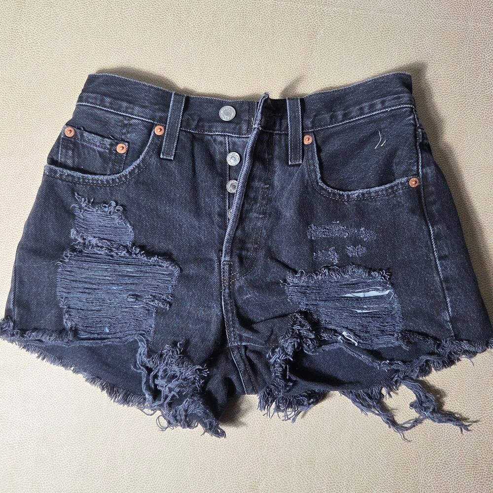 Levi's 501 Black Distressed Cutoff Shorts Frayed Denim High Waist Button Fly